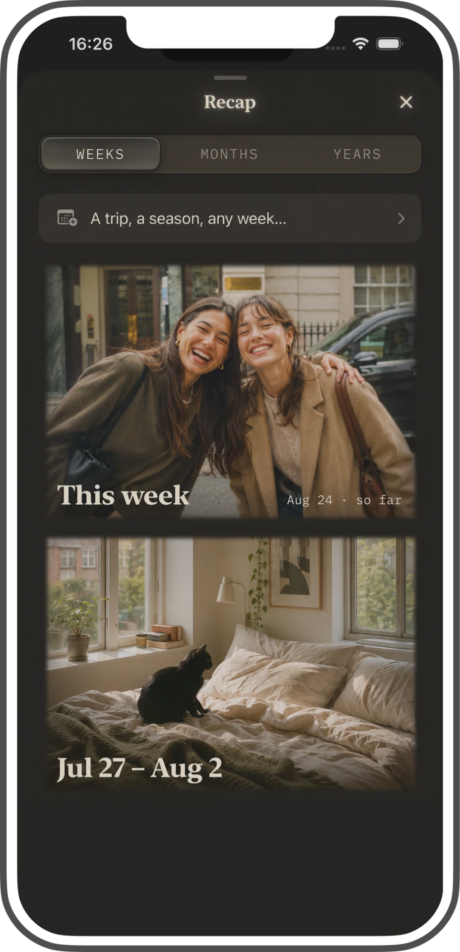 ONSE recap screen showing weekly photo memories on a phone