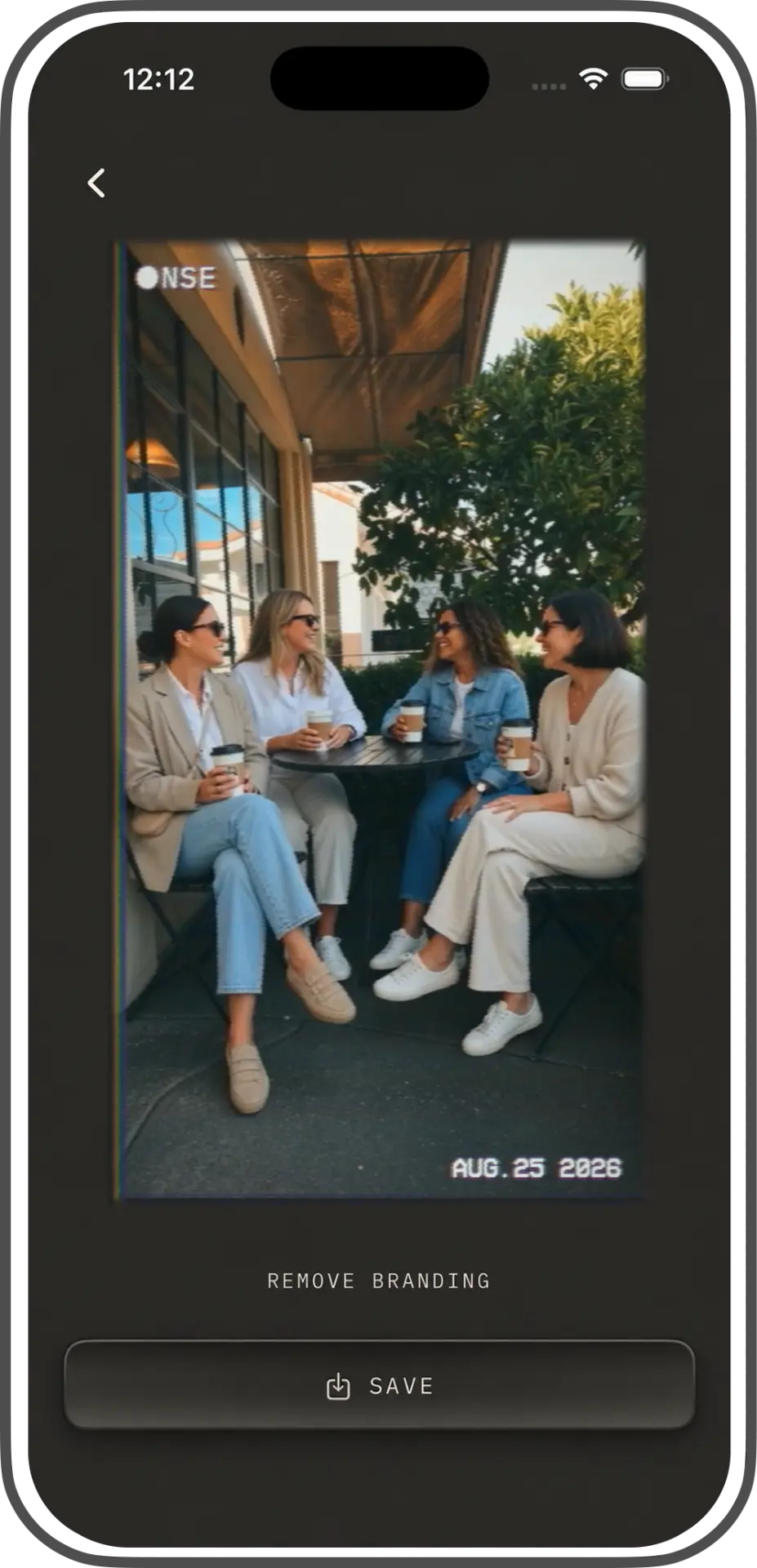 ONSE share screen showing a photo memory with save and remove branding options on a phone