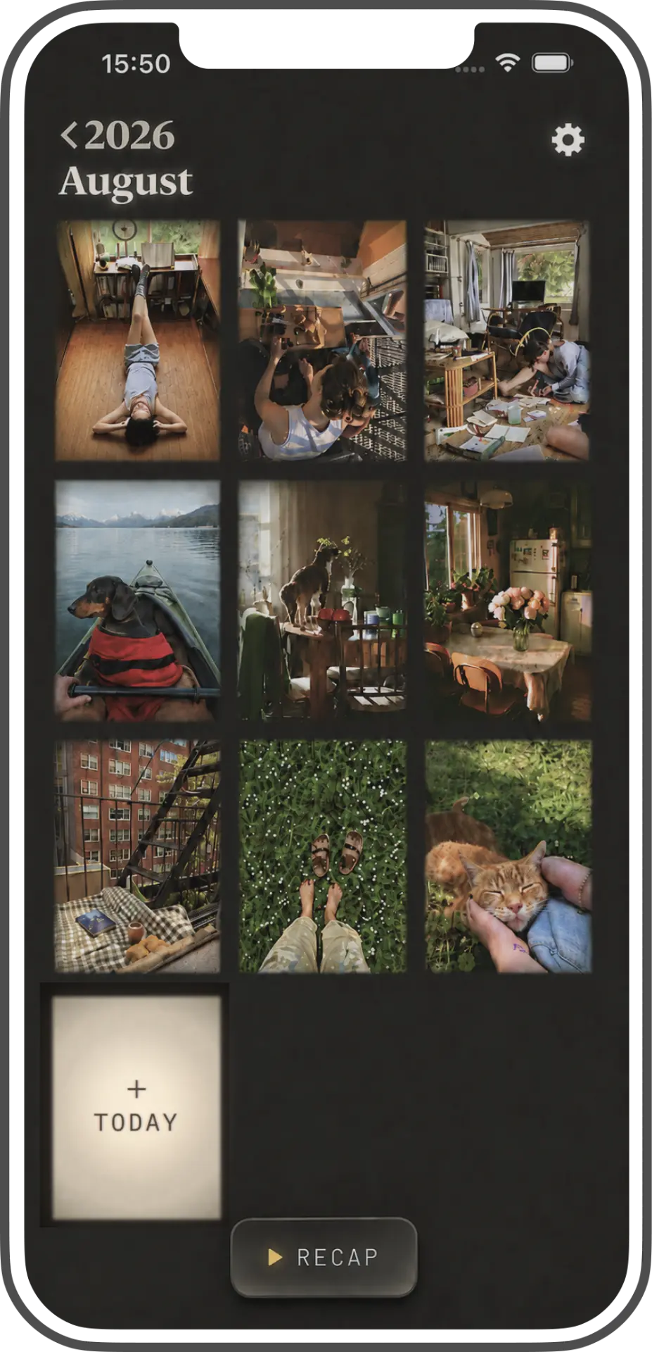 ONSE calendar grid showing photo memories for each day and the empty Today slot on a phone