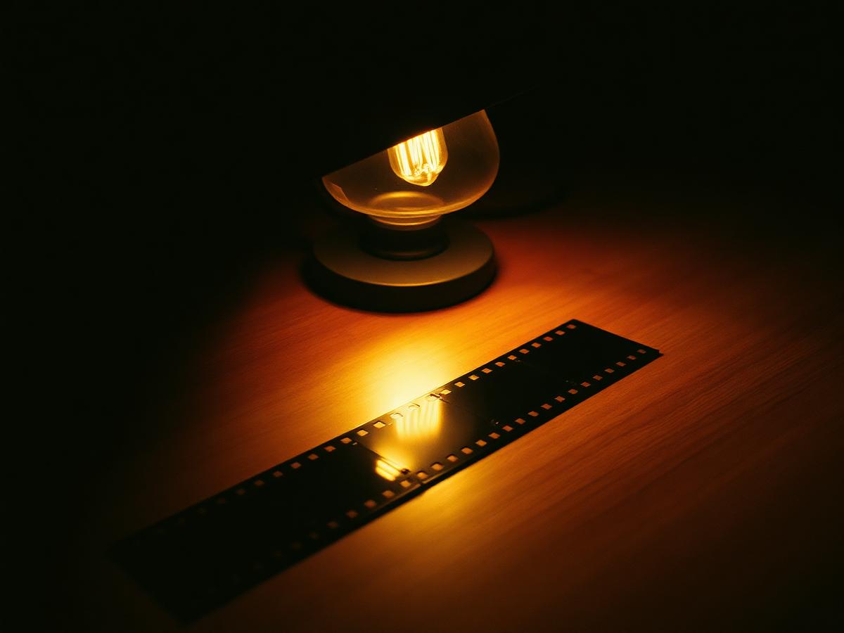A strip of film frames on a warm wooden table under a lamp