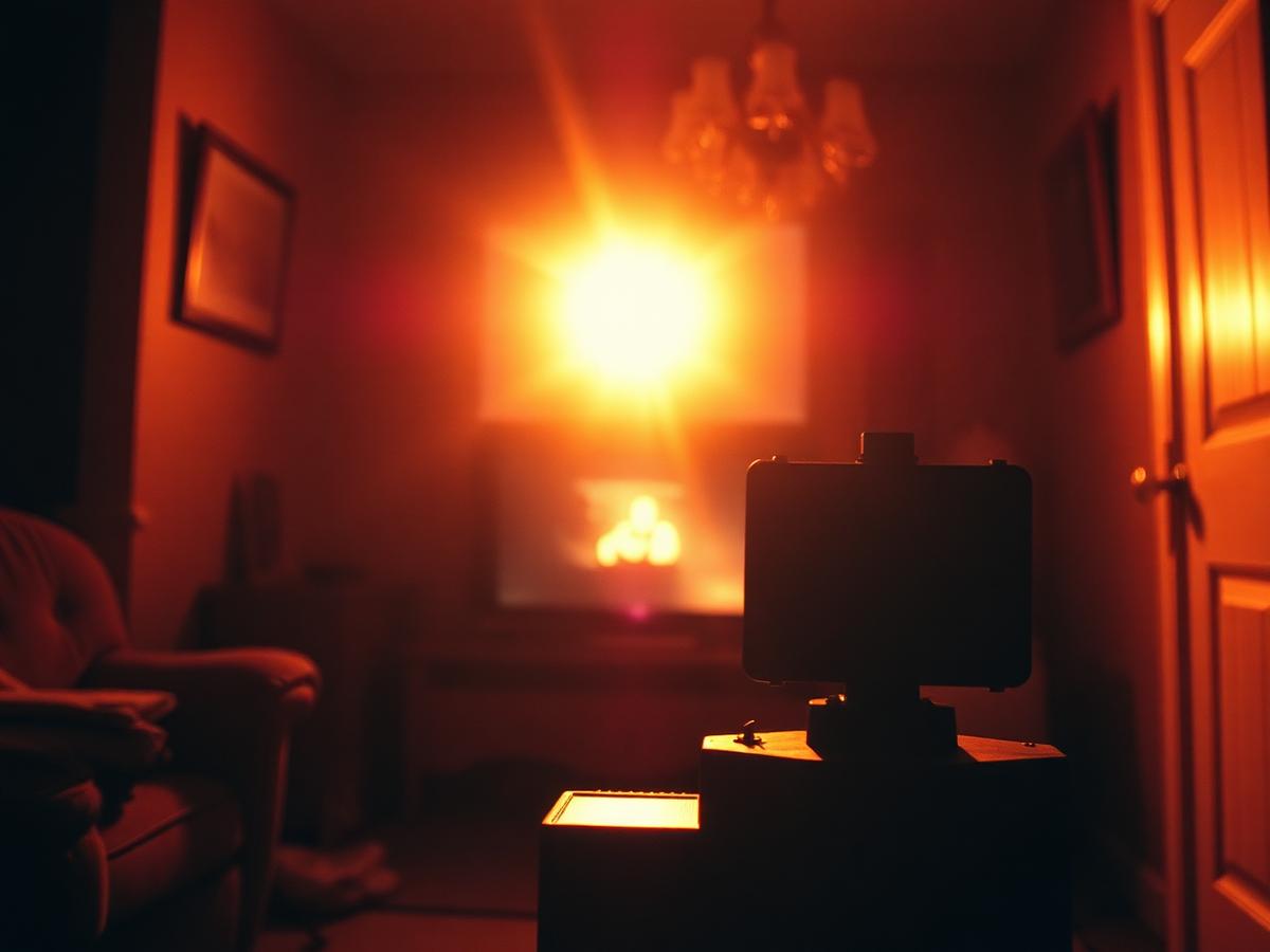 A film projector running in a dim, warm-lit room